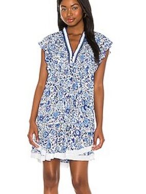 Goa by Japna Blue and White Floral V-Neck Flutter Sleeve Dress. Size Large
